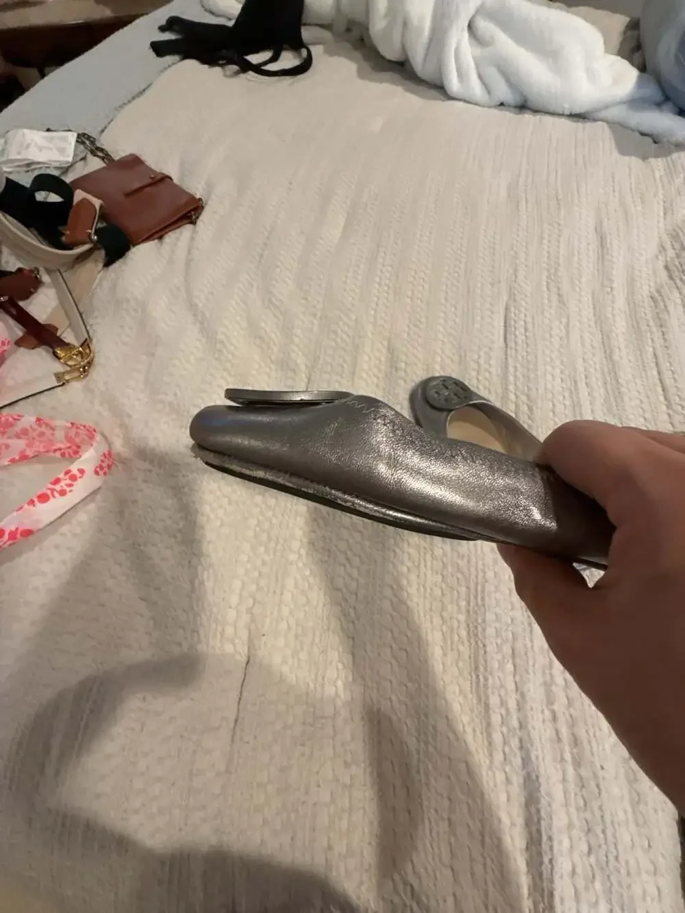 Tory Burch Reva Metallic Silver Leather Ballet Flats